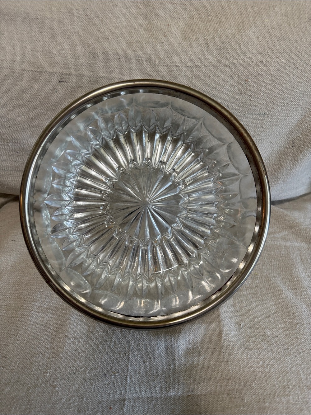 Vintage Cut Glass Serving Bowl with Silver Plated Trim Rim